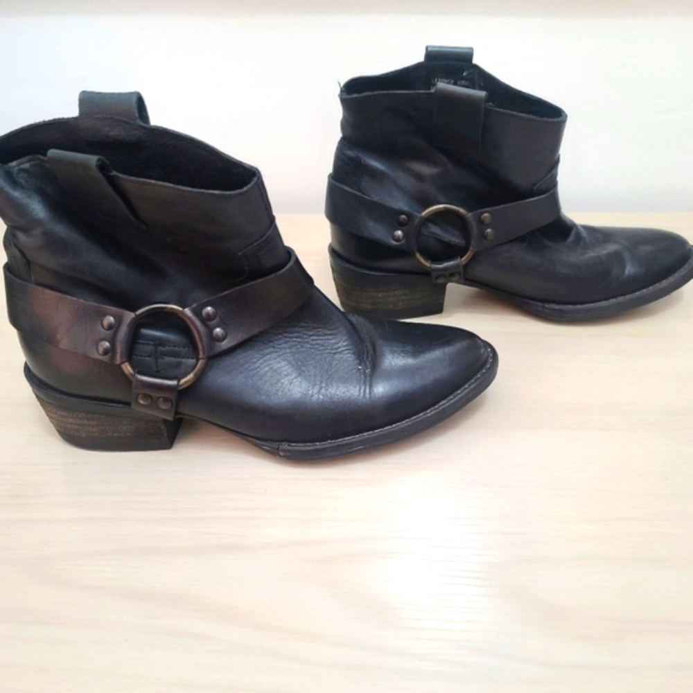 KRBONELL Women's Black Genuine Leather Harness Ankle Boots 6